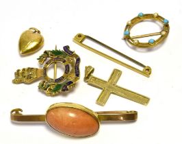 9CT GOLD GEM SET BROOCHES & CRUCIFIX An oval bezel set coral cabochon bar brooch, another