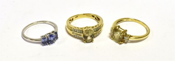 GEM & DIAMOND SET DRESS RINGS All set in 14ct gold, yellow gold rings reportedly Turkizite with