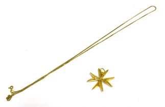 18CT GOLD MALTESE CROSS PENDANT 3.5cm filigree work pendant, stamped 750, on a 63cm long curb link