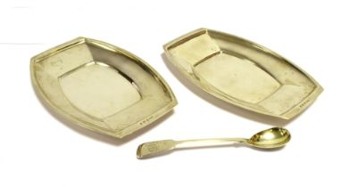 PAIR OF SOLID SILVER TRAYS & SPOON Lozenge shaped trays, 16.8cm long x 10.8cm wide, hallmarked