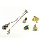 VARIOUS GEM SET PENDANTS IN 18CT GOLD To include; a white gold invisibly set amethyst & grain set