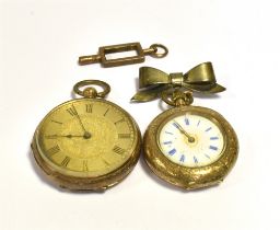 GOLD OPEN FACE POCKET WATCHES One 34.0mm with finely chased and engraved 9ct gold case with gilt