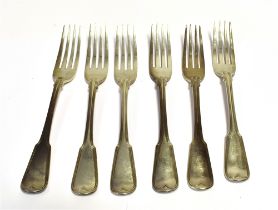 GEORGE III SILVER SERVING FORKS A set of six old English pattern, fiddle and thread, single