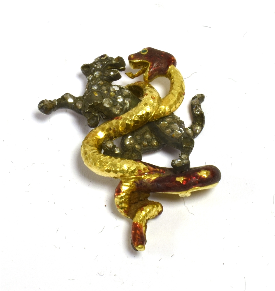 18CT GOLD, SILVER & DIAMOND BROOCH 3.0cm long x 2.2cm wide, gold enamel serpent and silver - Image 2 of 3