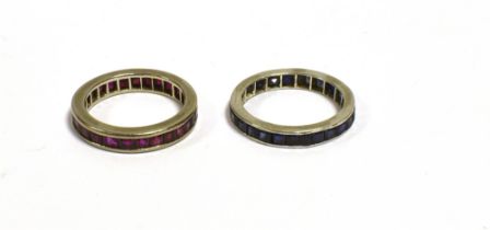 RUBY & SAPPHIRE STACKING RINGS 3.2mm wide platinum bands, fully channel set one with carre cut