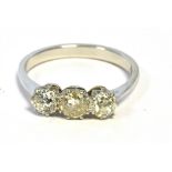 ESTATE CUT DIAMOND THREE STONE RING Platinum coronet claw settings, containing old European cut