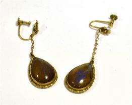 ANTIQUE 9CT GOLD BUTTERFLY WING EARRINGS Victorian, 4.5cm long, pear shaped butterfly wing drops,