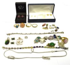 A QUANTITY OF GEM SET SILVER JEWELLERY To include pendants, rings and bracelets set with boulder