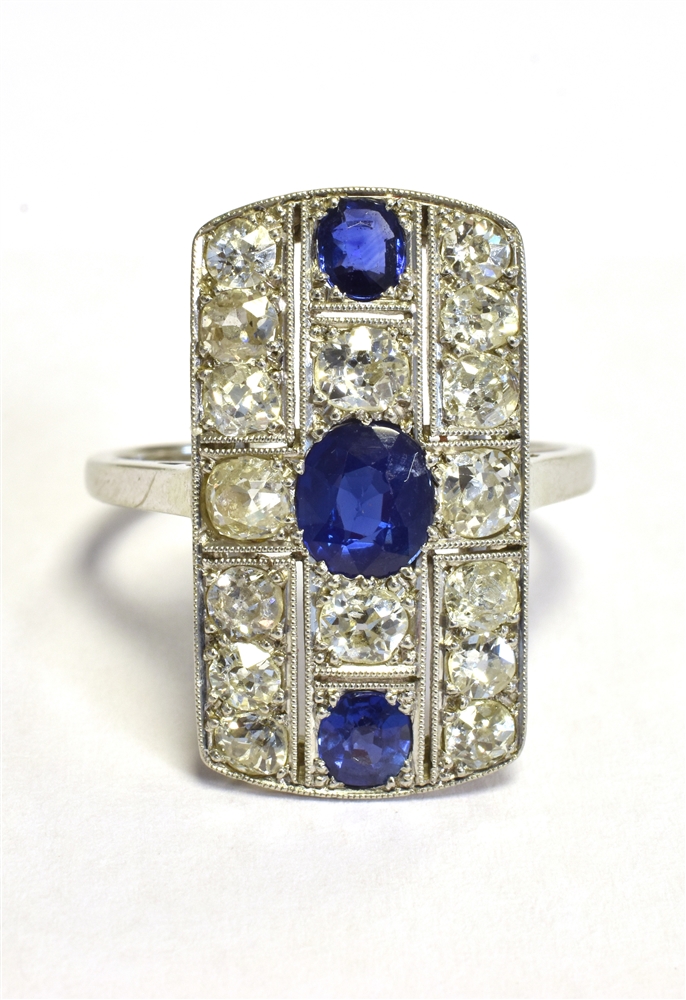 ART DECO SAPPHIRE & DIAMOND PLAQUE RING 22.7 x 12.8mm rectangular 18ct white gold pierced work head,