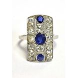 ART DECO SAPPHIRE & DIAMOND PLAQUE RING 22.7 x 12.8mm rectangular 18ct white gold pierced work head,