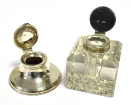 EDWARDIAN SILVER MOUNTED INK WELLS One hallmarked London 1920, makers mark J.L. One silver