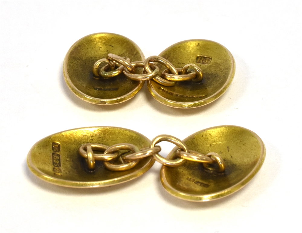 EDWARDIAN 15CT GOLD CUFFLINKS 17.4 x 12.5mm convex oval cufflinks, finely floral and scroll - Image 2 of 2