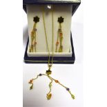 18CT GOLD EARRINGS & PENDANT SET 54cm long necklace including faceted glass bead tassle, on a 42cm