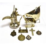 VARIOUS SILVER ITEMS & MEDALLIONS To include; a model of Dhow boat on stand, miniature Arabic coffee