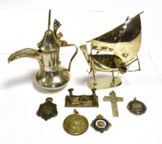 VARIOUS SILVER ITEMS & MEDALLIONS To include; a model of Dhow boat on stand, miniature Arabic coffee