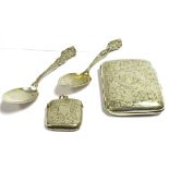 ANTIQUE SILVER ITEMS To include; a foliate and floral engraved cigarette case, 8.2 x 6.2cm, gilded