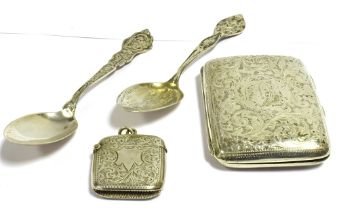 ANTIQUE SILVER ITEMS To include; a foliate and floral engraved cigarette case, 8.2 x 6.2cm, gilded