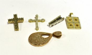 9CT GOLD & DIAMOND SET PENDANTS To include; a 2.5cm long Latin cross, set with champagne diamonds,