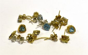 VARIOUS 9CT GOLD & GEM SET EARRINGS To include, diamond, emerald, blue zircon, citrine, amethyst,