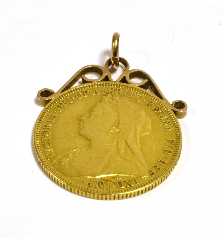 FULL SOVEREIGN PENDANT Dated 1894 on a 9ct gold, scroll mount and bale. Weight 8.7 grams.