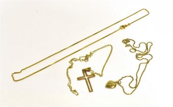 9CT GOLD CHAINS & PENDANTS One 44cm long cable link chain with Latin cross pendant, one 42cm long