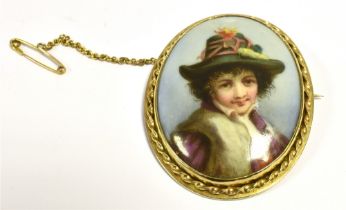 ANTIQUE 9CT GOLD PORTRAIT BROOCH Bezel set, hand painted porcelain portrait of a Tyrolean lady in