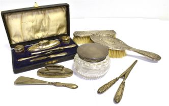 SILVER MOUNTED DRESSING TABLE ITEMS To include silver mounted brushes, nail buffer, cut glass
