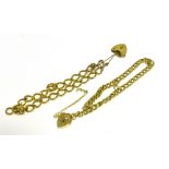 9CT GOLD CURB LINK BRACELETS One 18cm long x 5.8mm wide, curb link chain, heart shaped padlock clasp