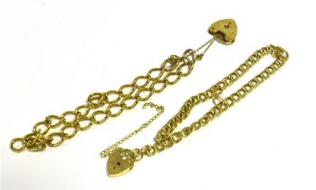 9CT GOLD CURB LINK BRACELETS One 18cm long x 5.8mm wide, curb link chain, heart shaped padlock clasp
