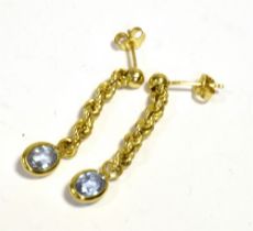 9CT GOLD & AQUAMARINE DROP EARRINGS 3.5cm long, with oval bezel set aquamarines suspended from