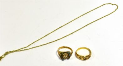 ANTIQUE 15CT GOLD JEWELLERY To include; a seed pearl star grain set ring, (two stones are missing)