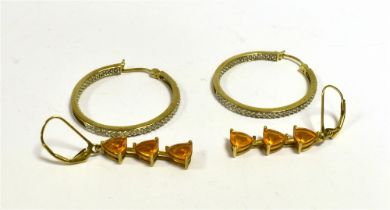 9CT GOLD DIAMOND & FIRE OPAL EARRINGS Diamond grain set hoops, 3.0cm diameter x 2.5mm wide.