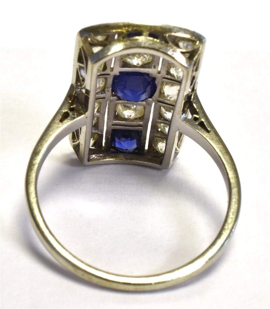 ART DECO SAPPHIRE & DIAMOND PLAQUE RING 22.7 x 12.8mm rectangular 18ct white gold pierced work head, - Image 3 of 4