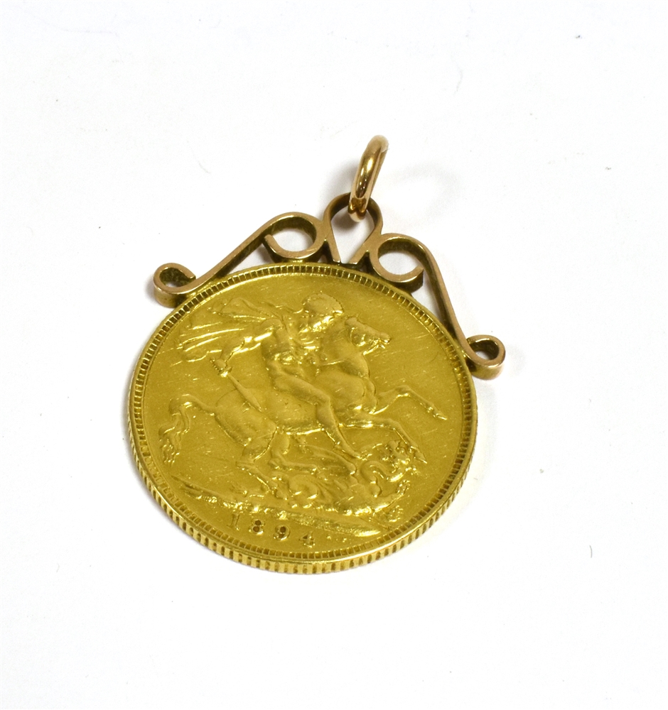 FULL SOVEREIGN PENDANT Dated 1894 on a 9ct gold, scroll mount and bale. Weight 8.7 grams. - Image 2 of 2