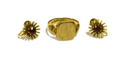 ANTIQUE 9CT GOLD RING & GARNET EARRINGS Monogrammed signet ring, 12.8mm long, hallmarked 9.375