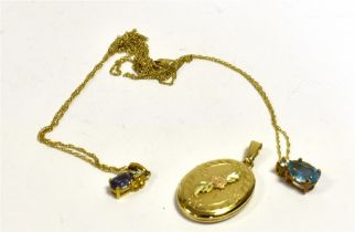 9CT GOLD GEM SET PENDANTS & LOCKET Oval blue topaz and goshenite set pendant, on fine 45cm long