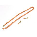 9CT GOLD CORAL BEAD NECKLACE & EARRINGS 42cm long necklace of 6.3mm round 'angels breath' coral