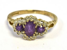 9CT GOLD AMETHYST & DIAMOND RING 13.0 x 8.8mm triple cluster head, set with amethysts and single cut