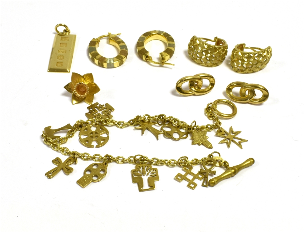 VARIOUS ITEMS OF 9CT GOLD JEWELLERY To include; an 18cm long charm bracelet, a pair of pierced