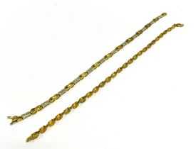 9CT GOLD DIAMOND & GEM SET BRACELETS One 19cm long x 3.6mm wide, alternating brushed gold and