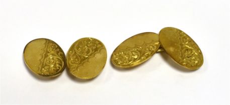 VICTORIAN 9CT GOLD CUFFLINKS 18.1 x 12.1mm oval, floral and scroll demi engraved cufflinks, linked