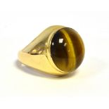 14CT GOLD TIGERS EYE GENTS RING 20.9mm long head, with bezel set cabochon cut tigers eye stone,