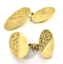 VICTORIAN 9CT GOLD CUFFLINKS 19.0 x 9.5mm, oval partially scroll and foliate engraved cufflinks.