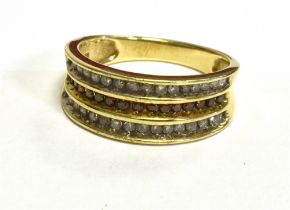 9CT GOLD COGNAC & WHITE DIAMOND RING 8.0mm wide grain set three row head, with central row of