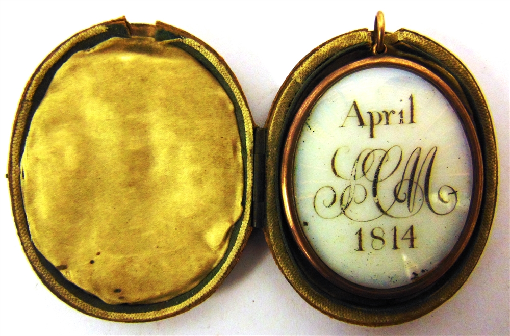 A REGENCY GILT METAL MOURNING LOCKET one side with a monogram and dated 'April 1814', the other side - Image 5 of 6