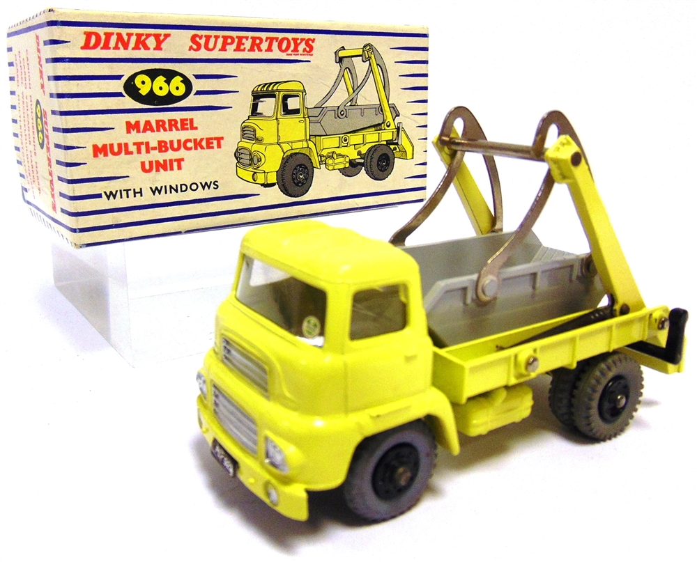 A DINKY NO.966, MARRELL MULTI-BUCKET UNIT pale yellow, with a grey skip and black plastic hubs, near