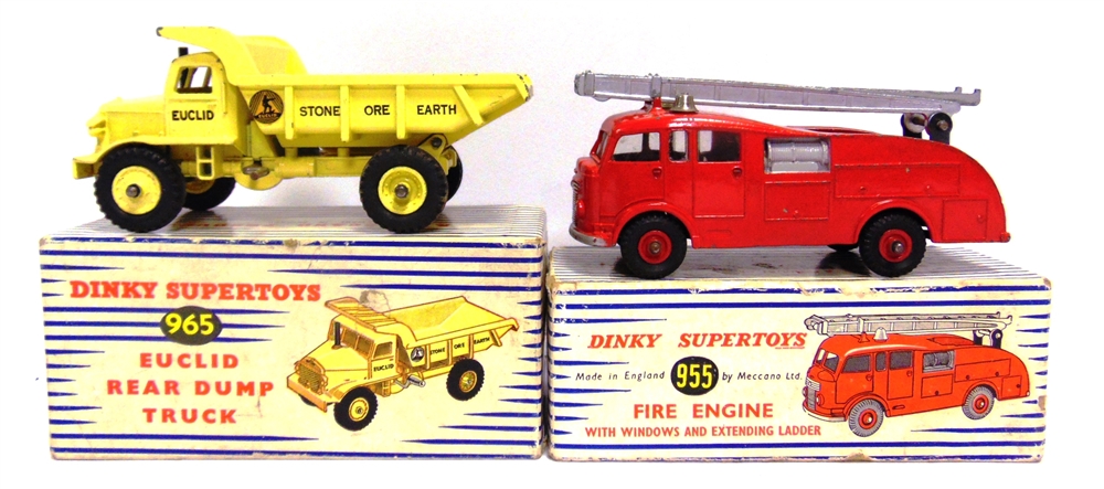 TWO DINKY DIECAST MODEL VEHICLES comprising a No.965, Euclid Rear Dump Truck, pale yellow with