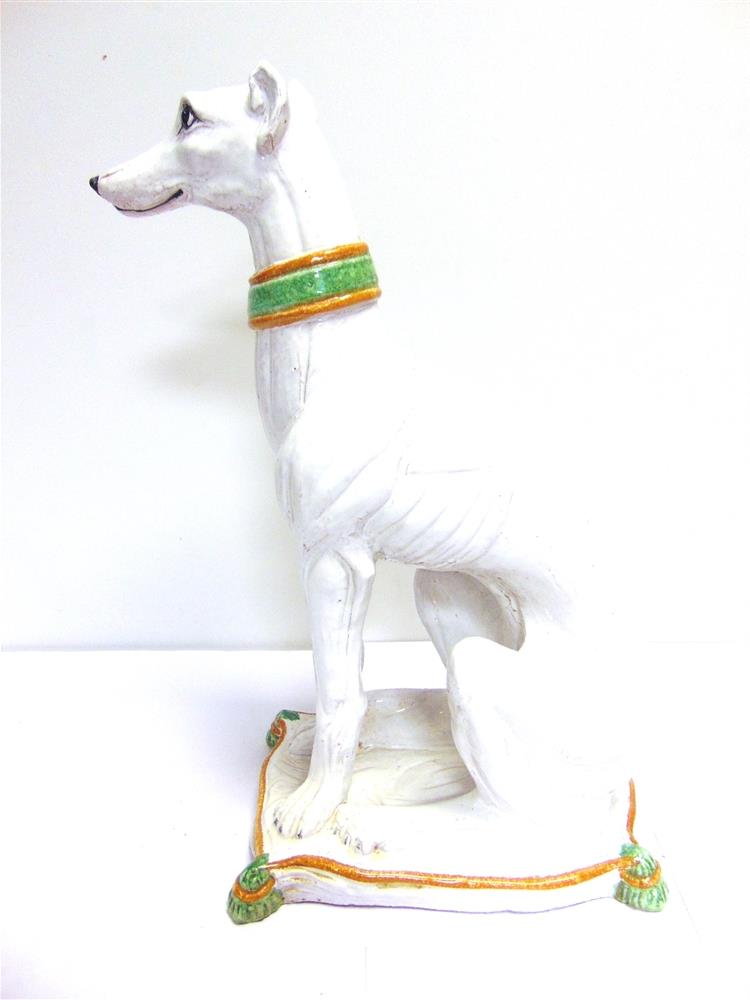 A LARGE GLAZED POTTERY MODEL OF A GREYHOUND SEATED ON A CUSHION white, with pale brown and green - Image 3 of 4