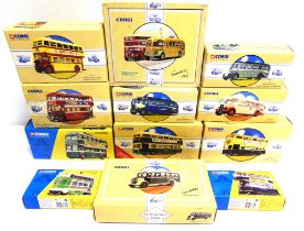 TWELVE CORGI CLASSICS DIECAST MODEL BUSES, COACHES & TRAMS most mint or near mint and boxed (