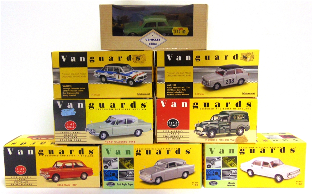 EIGHT 1/43 SCALE DIECAST MODEL VEHICLES by Vanguards (7), and Corgi (1), each mint or near mint